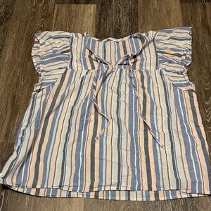 Lucky Brand Striped Tie-Front Flutter Sleeve Blouse - Blue & Peach